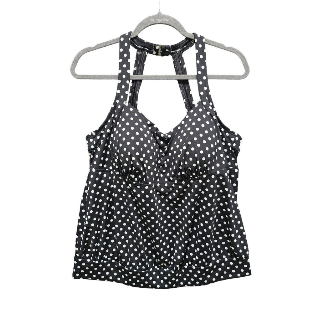 Lands End Tankini Swim Top 16W Black White Polka Dot Plus Modest Swimwear Racer